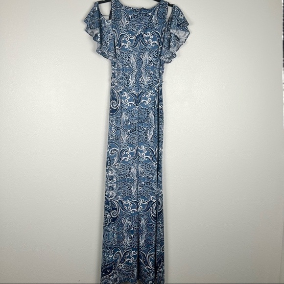 ELIZA J cold shoulder paisley waist‎ tie maxi dress blue 4 - Picture 4 of 8